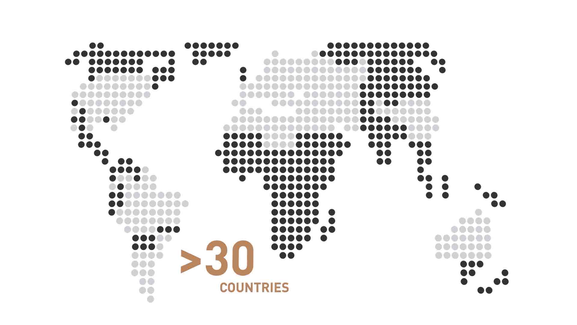 Das Bild zeigt eine Animation einer Weltkarte. Sie besteht nur aus kleinen Pixeln in Vierecken. Der untere Teil des Bildes zeigt die Worte ">30 Countries". Das Bild dient als Sliderbild für den Portfolioeintrag "PROGENIUM Erkärfilm" von Panda Pictures.