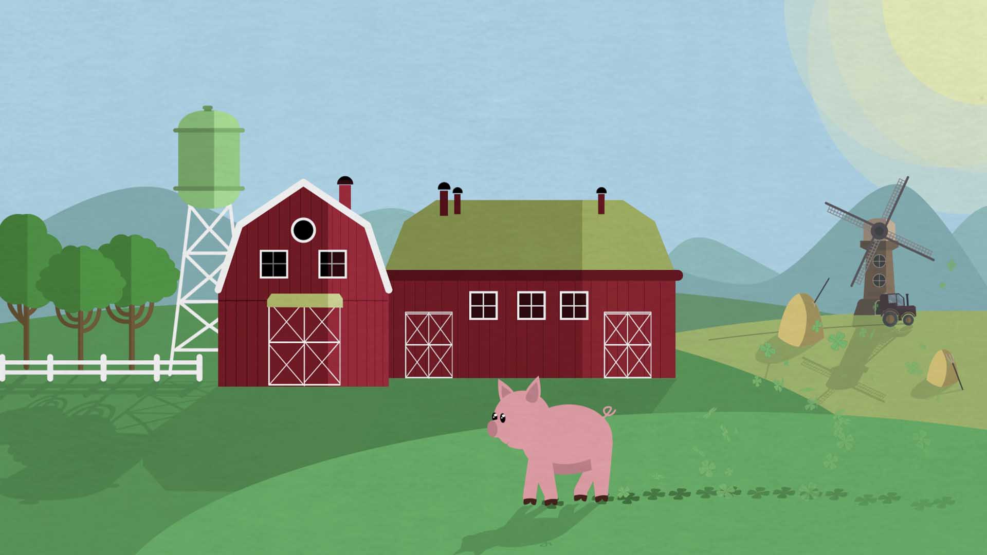 Das Bild zeigt eine Wiese. Auf dieser Wiese steht ein rotes Bauernhaus. Vor dem Bauernhaus läuft ein kleines Schwein. Es hinterlässt Fußspuren in Form eines Kleeblatts. Rechts neben dem Bauernhof steht eine Mühle. In der rechten Ecke des Bildes schwebt die Sonne. Links neben dem Bauernhof sieht man Bäume. Das Bild dient als Sliderbild für den Portfolioeintrag "Region Passau Comics Mitmachstation" von Panda Pictures.