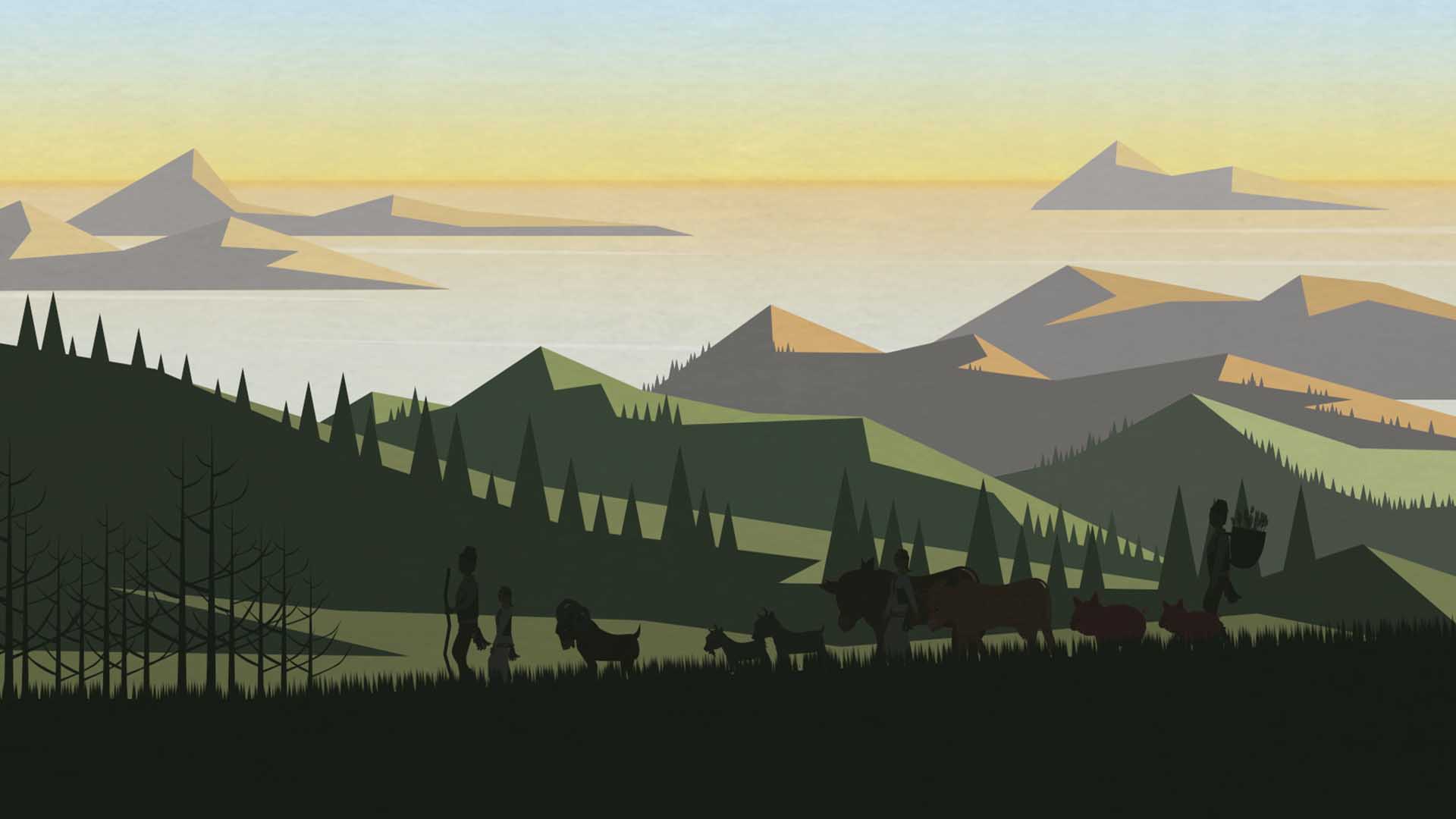 Das Bild zeigt Wälder und Berge. Am Horizont spiegelt sich der Sonnenuntergang im Meer. Im Vordergrund des Bildes werden Menschen von einer Herde Tiere begleitet. Das Bild dient als Sliderbild für den Portfolioeintrag Region Passau Comics Mitmachstation von Panda Pictures.